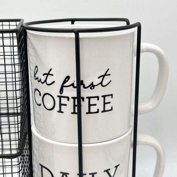 Boston Warehouse Coffee Mug & Black Wire Pod Holder 5 Piece Set 4 Stacking Mugs - Picture 4 of 16